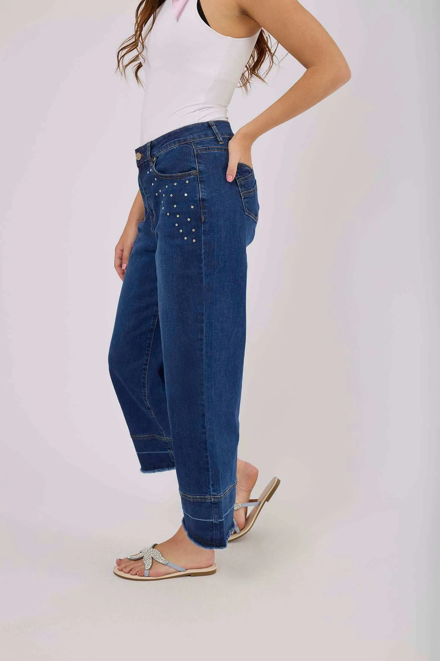 Women Wide Leg Denim with Studs - Medium Indigo