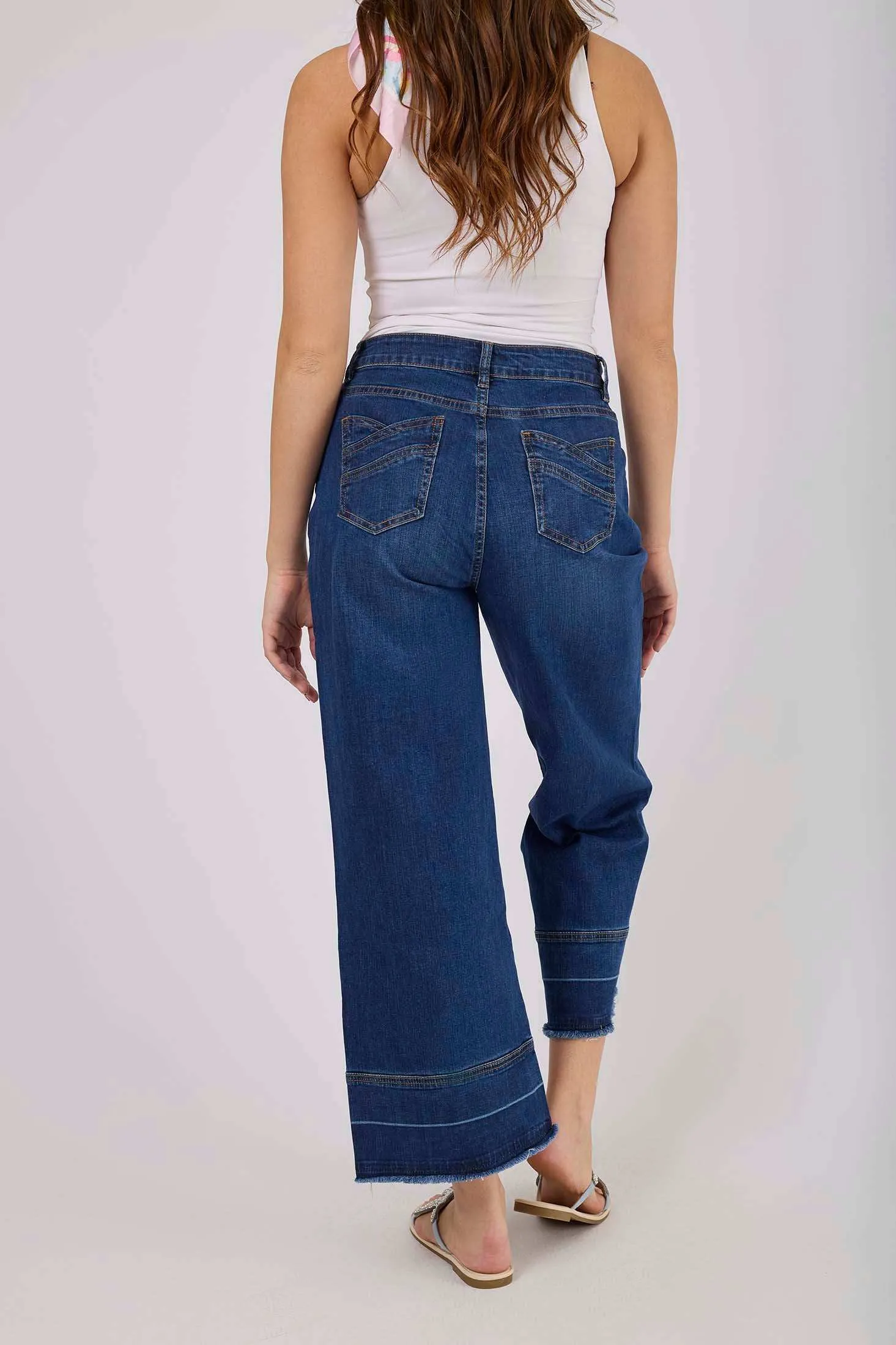 Women Wide Leg Denim with Studs - Medium Indigo