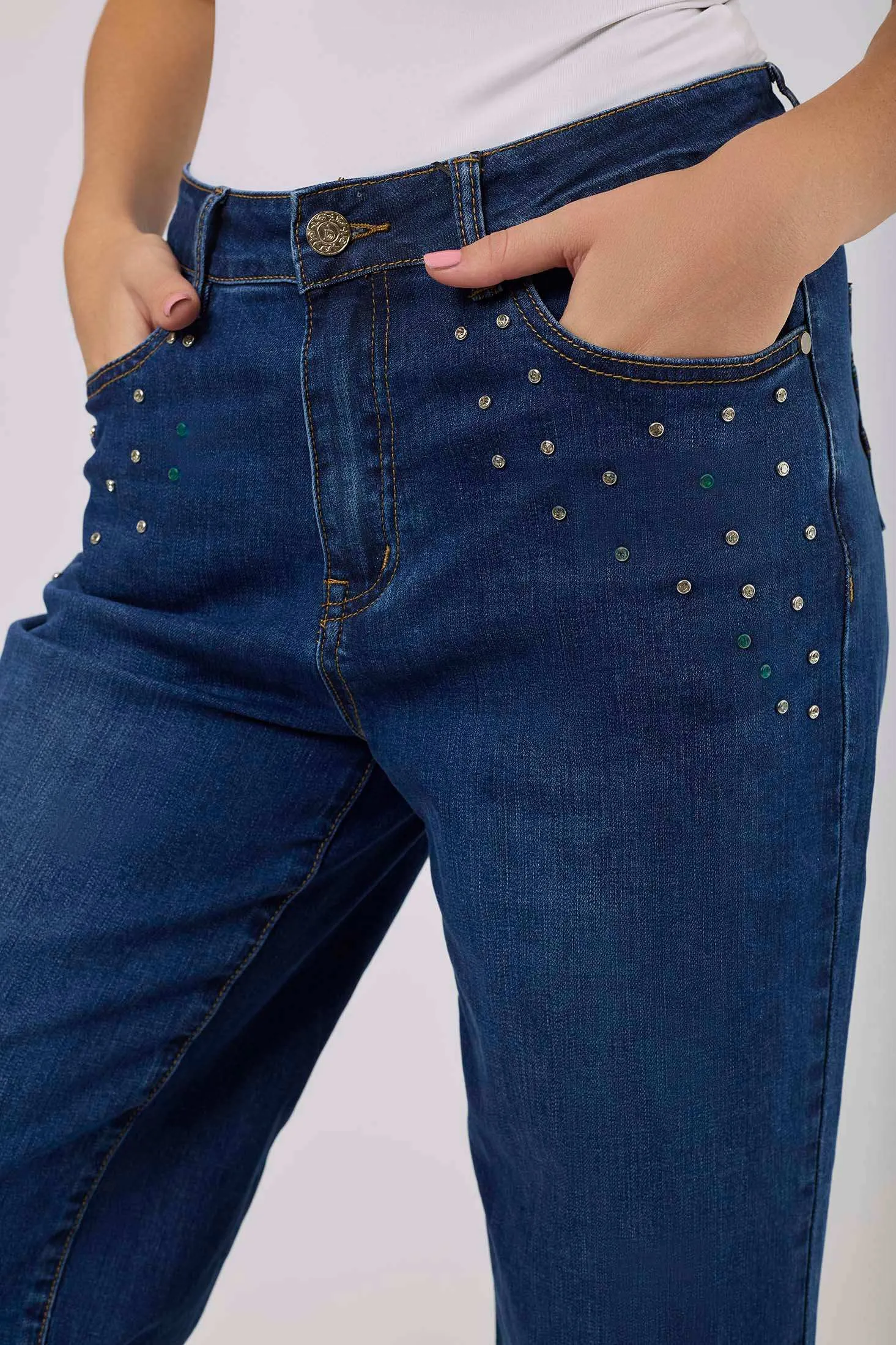Women Wide Leg Denim with Studs - Medium Indigo