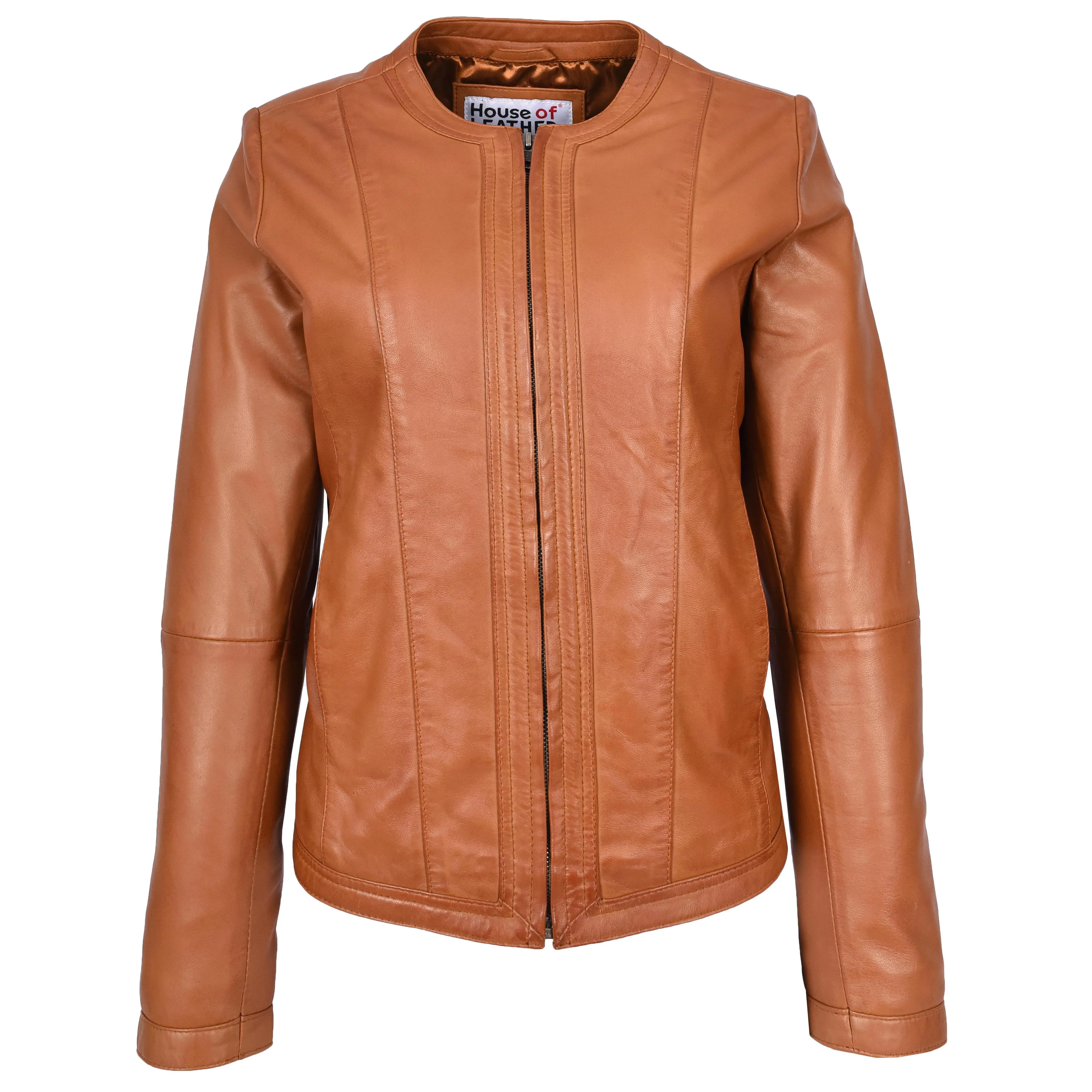 Womens Real Leather Collarless Fashion Jacket Slim Fit Style Clara Tan