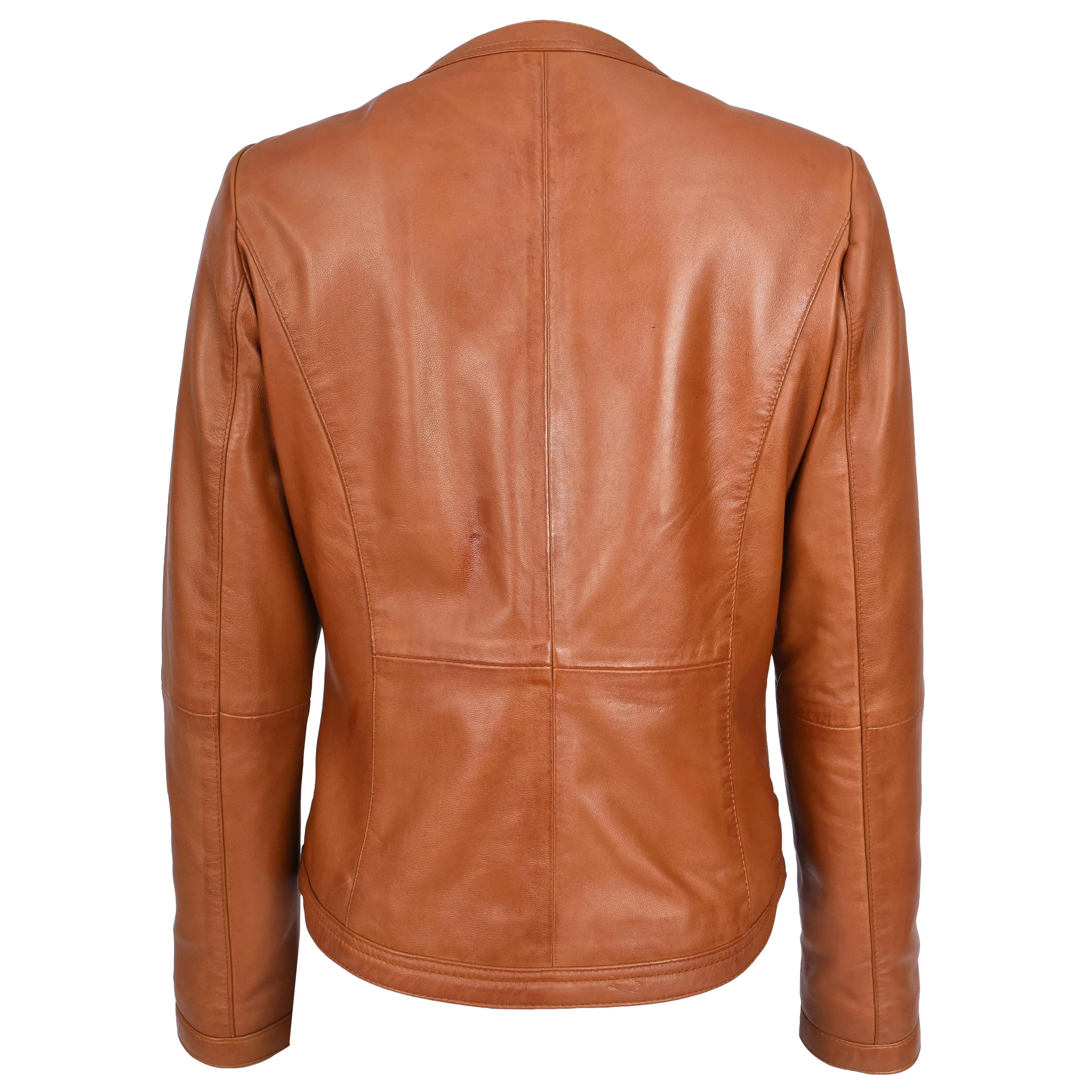 Womens Real Leather Collarless Fashion Jacket Slim Fit Style Clara Tan