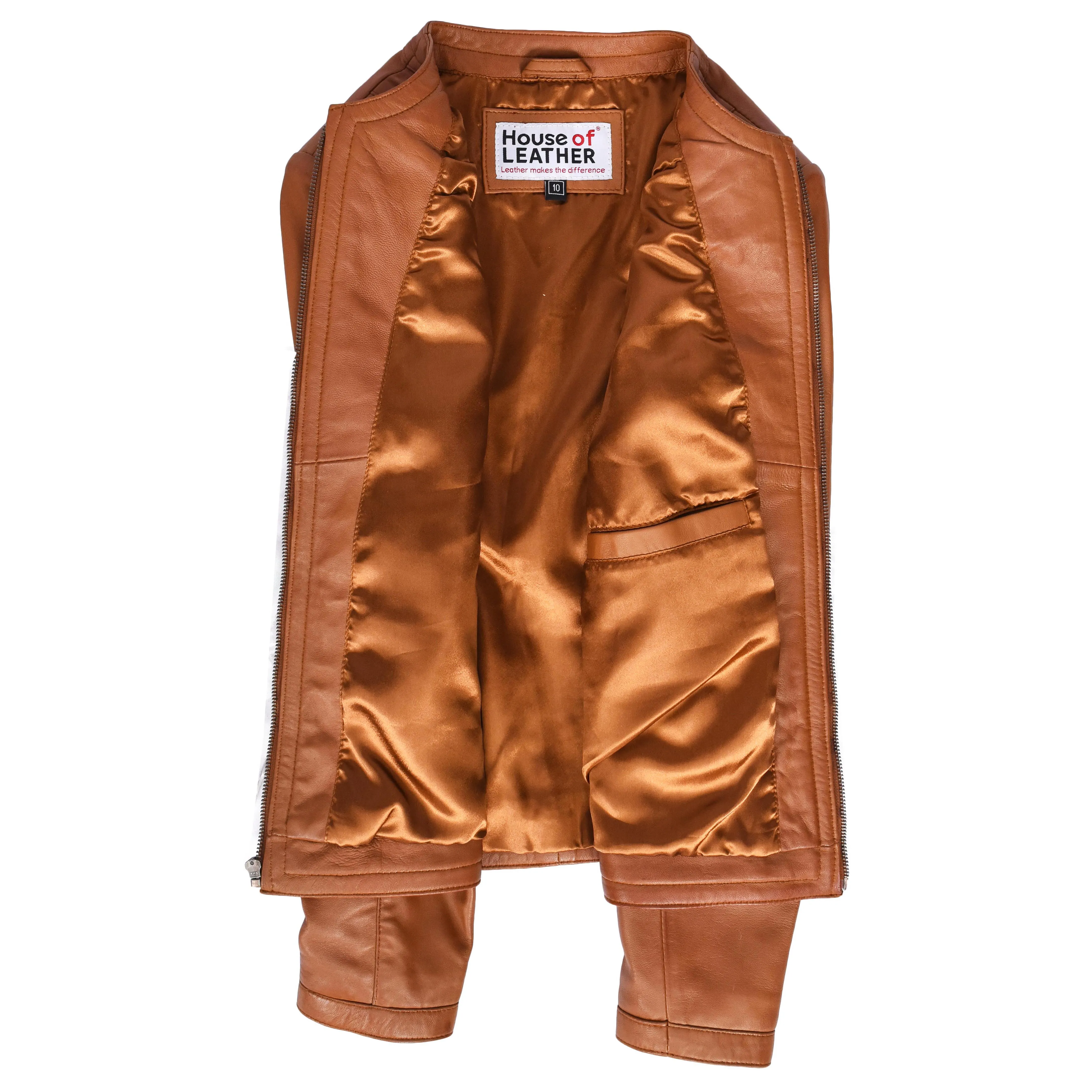 Womens Real Leather Collarless Fashion Jacket Slim Fit Style Clara Tan