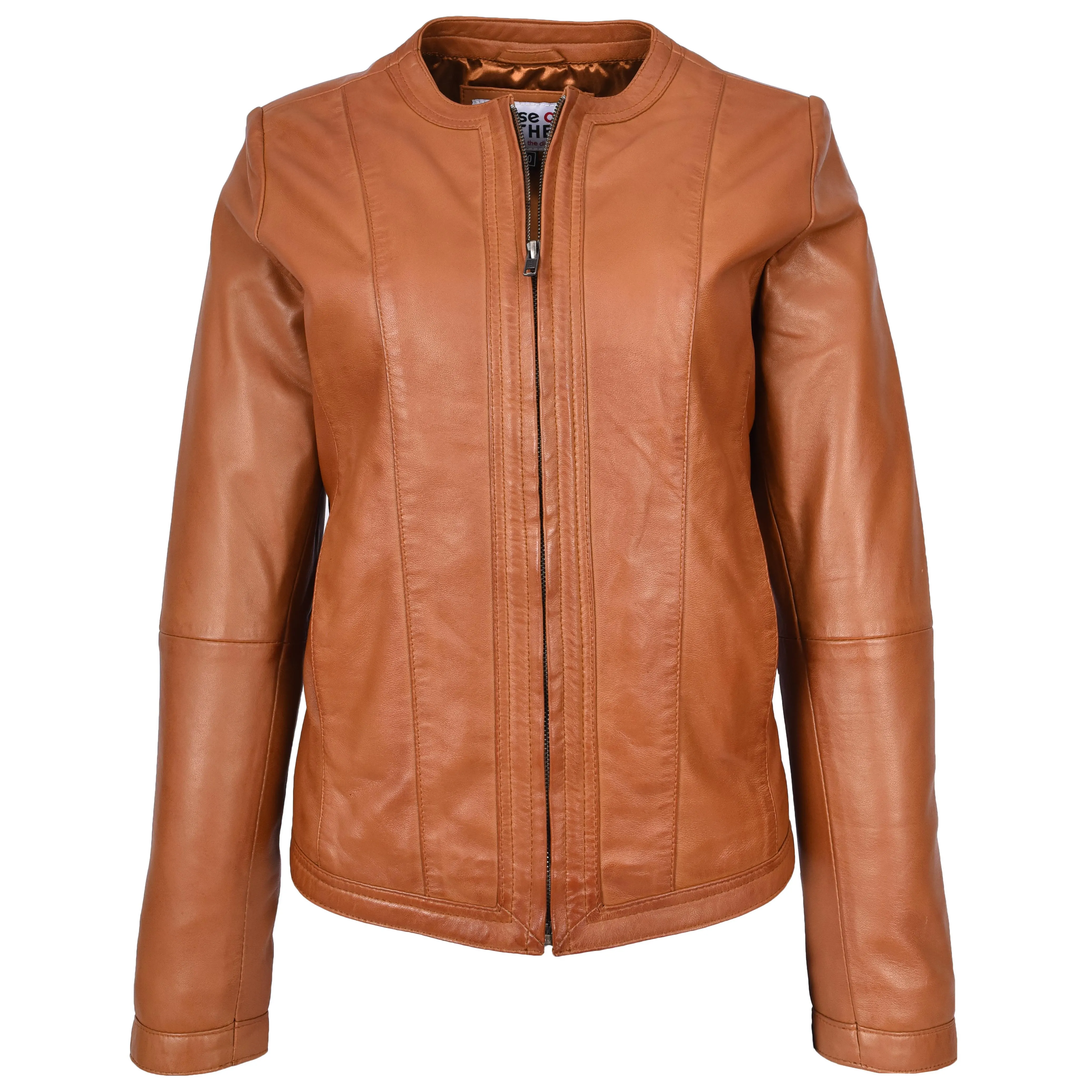 Womens Real Leather Collarless Fashion Jacket Slim Fit Style Clara Tan